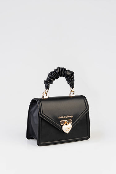 black faux leather handbag with a ruched black handle and gold heart lock by Blue Jean Traders