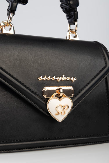 black bag with a gold heart lock and metal logo hardware