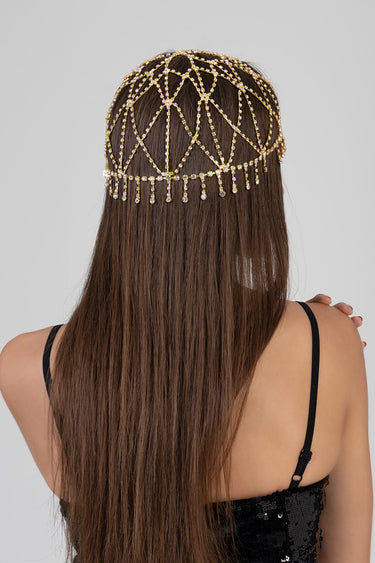 back view of a woman with long brown hair wearing an intricate gold beaded crystal headband