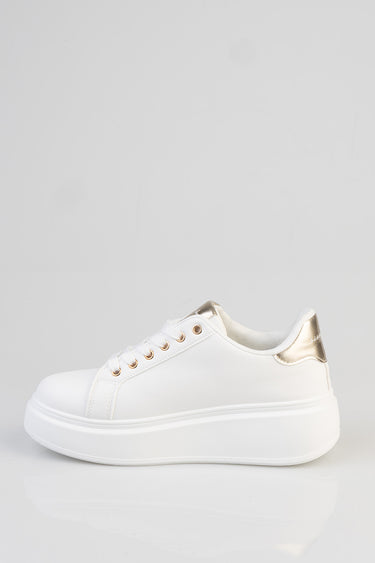 white platform sneaker with gold metallic heel tab, white laces and rose gold eyelets