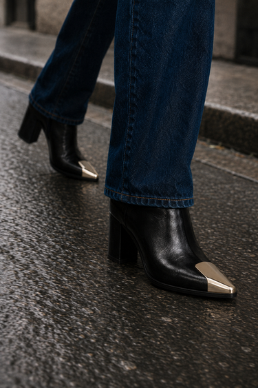 black leather ankle boots with a gold metal toe cap, paired with blue jeans