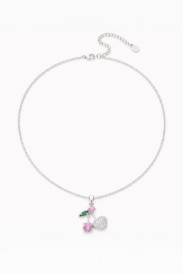 silver chain necklace with a cherry heart charm adorned with pink stones and green leaves