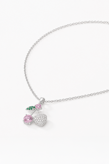 Blue Jean Traders silver chain necklace with a cherry and heart pendant encrusted with pink and white stones