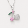 silver chain necklace with a cherry pendant, pink gemstones and a pavé heart